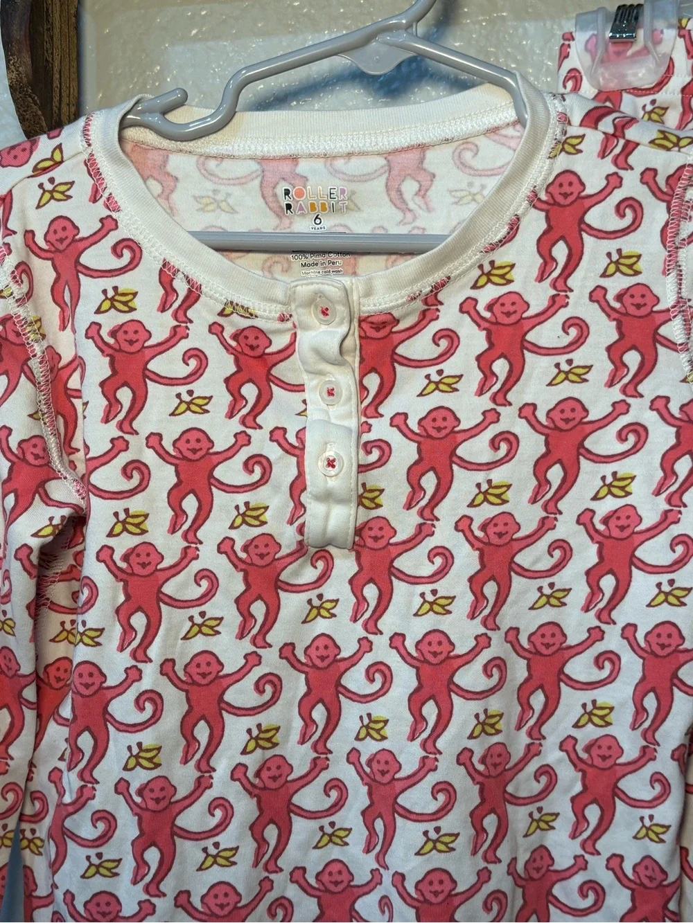 Roller Rabbit Kid’s Pajama Set PINK  Monkey Size 6 Pima Cotton Made In PERU